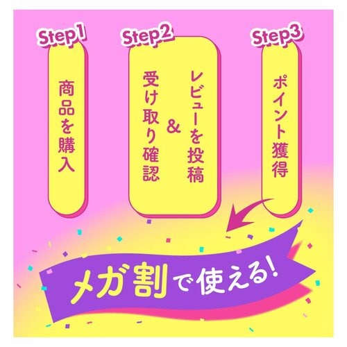 Step1 商品を購入 Step2 受け取り確認&レビューを投稿 Step3 ポイント獲得 メガ割で使える！
