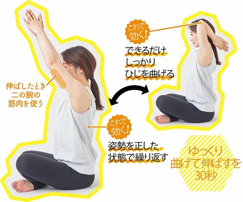 3:合掌した両手を頭上に伸ばす ズボラストレッチおすすめ イメージ