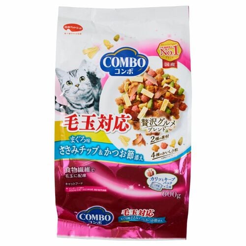 毛玉ケア・キャットフードおすすめ 日本ペットフード コンボ キャット 毛玉対応 まぐろ味・ささみチップ・かつお節添え イメージ