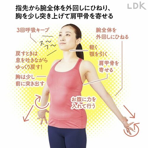 3:胸を少し突き上げて肩甲骨を寄せる ネックストレッチピローおすすめ イメージ