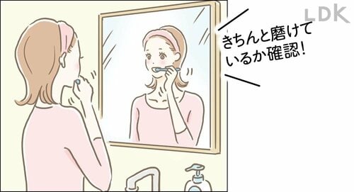 ながら磨きはNG！ 鏡を見ながら磨いて 歯ブラシおすすめ イメージ