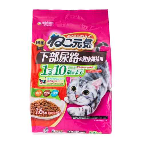 下部尿路ケア・キャットフードおすすめ ユニ・チャーム ねこ元気 下部尿路の健康維持用 1歳~10歳頃まで まぐろ・かつお・白身魚入り イメージ