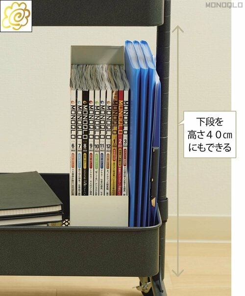 雑誌やA4ファイルが立てて入れられます キッチンワゴンおすすめ イメージ