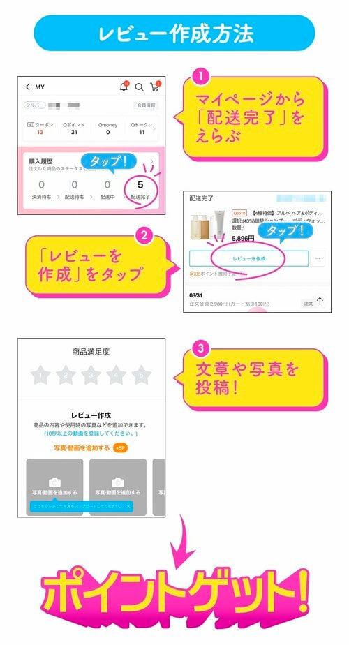 レビュー作成方法 1 マイページから「発送完了」をえらぶ  2 「レビューを作成」をタップ 3 文章や写真を投稿！ ポイントゲット！