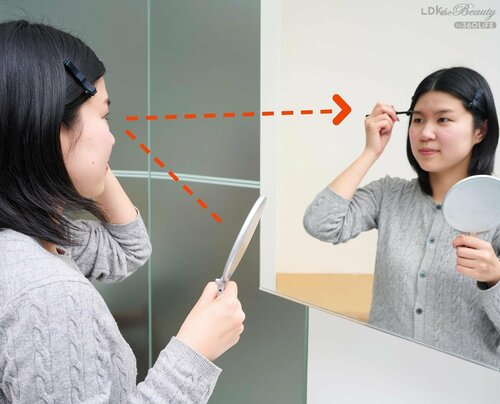 遠くの鏡で見ることで左右のズレに気づく！ イメージ