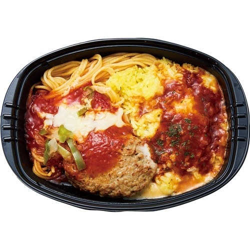 ワンプレート冷食おすすめ トップバリュ な、なんと大きな ナポリタン&ミラノ風ドリア、ハンバーグのせ イメージ2