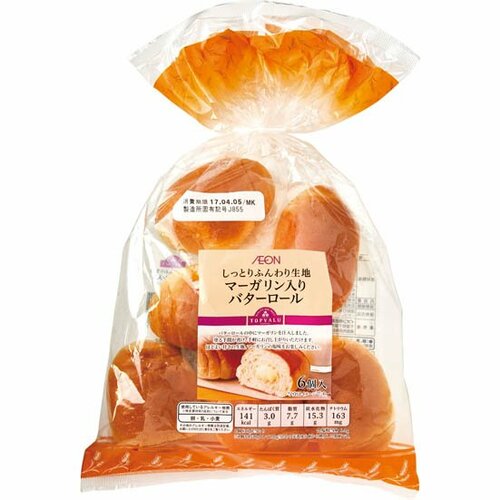 イオン:トップバリュ:マーガリン入り  バターロール 6個入り:ロールパン