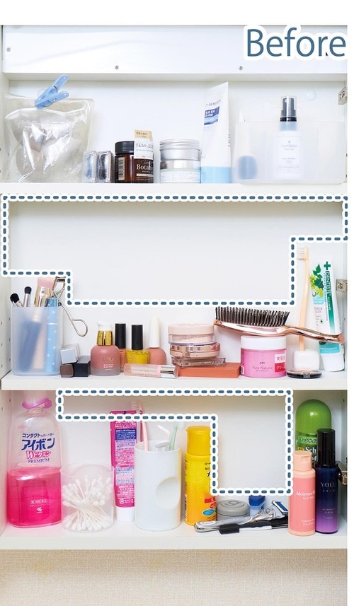 アイデア1:鏡裏は100均アイテムをムダなく並べる 洗面所の収納アイデアおすすめ イメージ