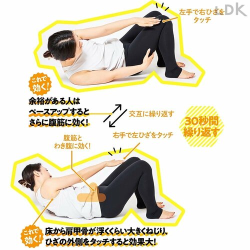 床から肩甲骨が浮くくらい大きくねじり、ひざの外側をタッチすると効果大! ズボラストレッチおすすめ イメージ