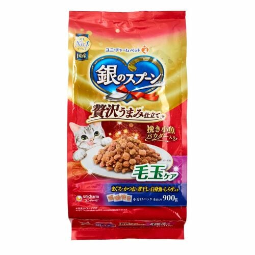 毛玉ケア・キャットフードおすすめ ユニ・チャーム 銀のスプーン 贅沢うまみ仕立て 毛玉ケア まぐろ・かつお・煮干し・白身魚・しらす入り イメージ