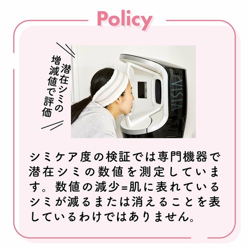 テストポリシー シミケア度の検証では専門機器で潜在シミの数値を測定しています。数値の減少は、肌に表れているシミが減るまたは消えることを表しているわけではありません。