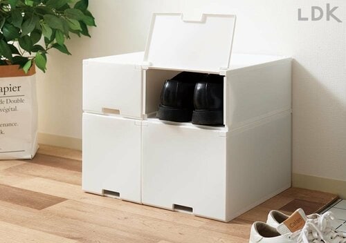 スタッキングできて重ねたまま出せる カインズの組立式ケース、小物収納ボックス、冷蔵庫回転台、歯ブラシスタンドコップおすすめ イメージ