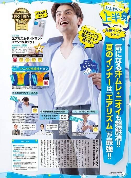 雑誌『MONOQLO』がメンズ冷感インナーの人気製品を比較 メンズ冷感インナーシャツおすすめ イメージ