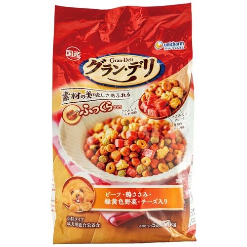 ドッグフードおすすめ ユニ・チャーム グラン・デリ ふっくら仕立て ビーフ・鶏ささみ・緑黄色野菜・チーズ・角切りビーフ粒入り 成犬用 イメージ