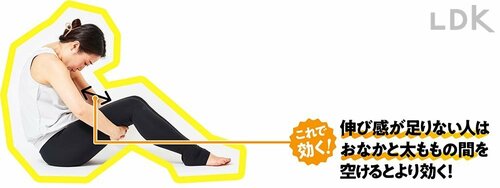 伸び感が足りない人はおなかと太ももの間を空けるとより効く! ズボラストレッチおすすめ イメージ2