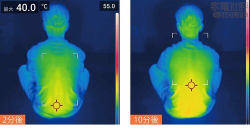 2分後（写真左）と10分後（写真右）のサーモ画像 電気ストーブ・遠赤外線ヒーターおすすめ イメージ