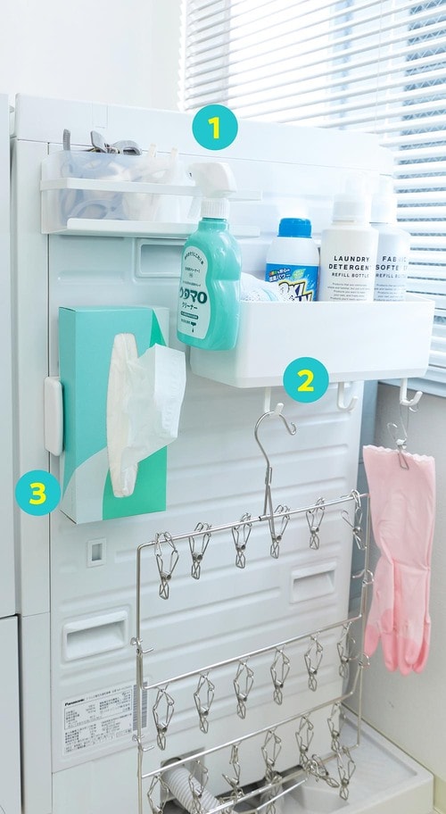 アイデア5:洗濯機側面はマグネットアイテムでゴチャつき一掃 洗面所の収納アイデアおすすめ イメージ2