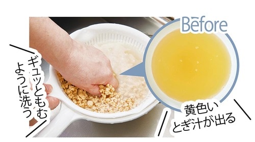 STEP1：お湯で戻した後はお米をとぐように洗う イメージ