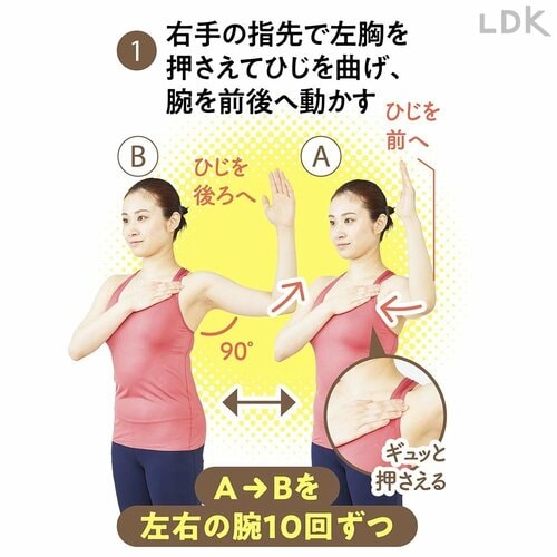1:右手の指先で左胸を押さえてひじを曲げ、腕を前後へ動かす 初心者向けストレッチ用ポールおすすめ イメージ