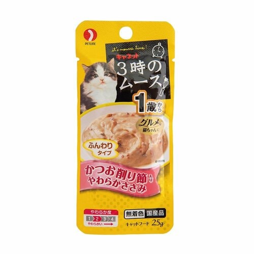 猫用ウェットフードおすすめ ペットライン キャネット 3時のムース 1歳から かつお削り節入り やわらかささみ イメージ1