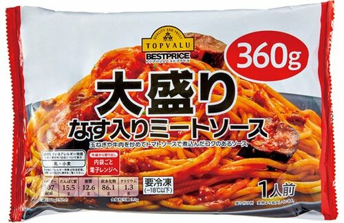トップバリュ:大盛り なす入り ミートソース:冷凍麺