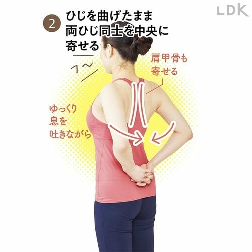 2:ひじを曲げたまま両ひじ同士を中央に寄せる 初心者向けストレッチ用ポールおすすめ イメージ