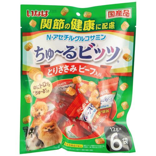 犬用おやつおすすめ いなばペットフード ちゅ〜るビッツ 関節の健康に配慮 とりささみ ビーフ入り イメージ