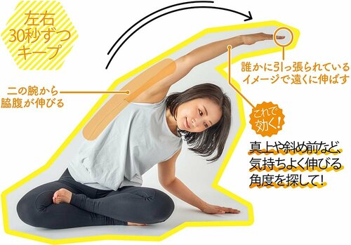 4:上体を横に倒しながら片腕を伸ばす ズボラストレッチおすすめ イメージ