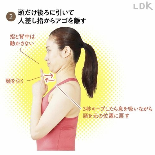 2:頭だけ後ろに引いて人差し指からアゴを離す ネックストレッチピローおすすめ イメージ