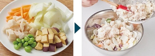 さらに具材を足してかき混ぜる タイガーのフードプロセッサーとサンコーのミンサーおすすめ イメージ