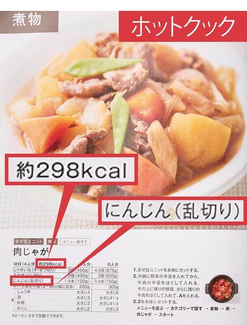 ホットクック:レシピにカロリー表記あり 自動調理鍋おすすめ イメージ
