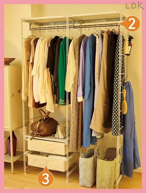 ポールとバスケットを追加して洋服収納に 無印のスチールワゴンの使い方おすすめ イメージ