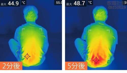 2分後（写真左）と5分後（写真右）のサーモ画像 電気ストーブ・遠赤外線ヒーターおすすめ イメージ