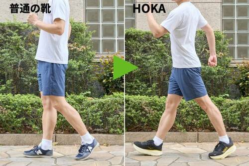 普通の靴を履いたとき→HOKAを履いたとき ウォーキングシューズおすすめ イメージ