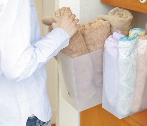 洗面所収納：無印のファイルボックスならタオル収納がスッキリ イメージ
