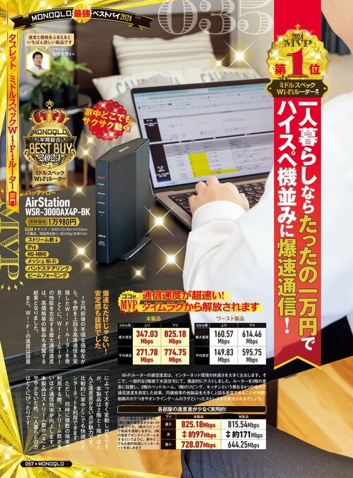 【『MONOQLO』2024年ベストバイ】の記事一覧はこちら バッファロー「AirStation WSR-3000AX4P-BK」おすすめ イメージ2