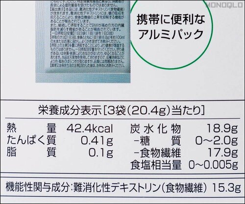 【成分】1日摂取目安料は3袋 食物繊維をしっかり摂れます 青汁おすすめ イメージ