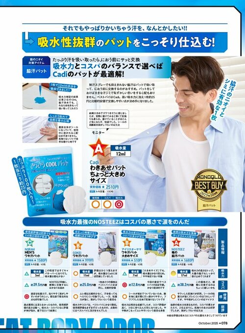 雑誌『MONOQLO』のメンズ用脇汗パッドの検証ページ