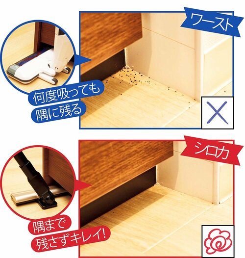 【四隅】吸いにくい隅のゴミも残さずにすっきり LDKがおすすめするコードレス掃除機おすすめ イメージ