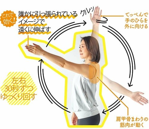 3:腕を伸ばして体の横で大きく回す ズボラストレッチおすすめ イメージ
