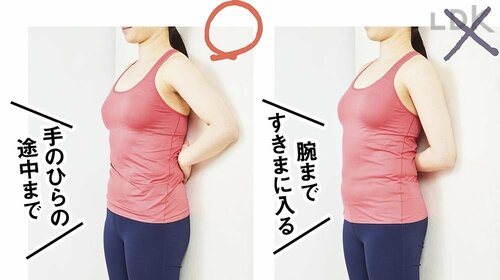 2:壁と腰のすき間に手のひらを差し込む 初心者向けストレッチ用ポールおすすめ イメージ