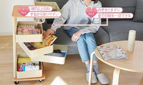 浅型回転トレイワゴンのおすすめポイント：仕切りいらずでものの分類できる イメージ