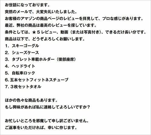 やらせ依頼のメールを公開!指示は「星5、動画つき、長文」