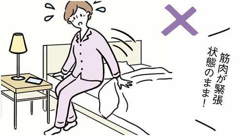 POINT1：目覚めたらすぐ動かず布団の中でストレッチ ストレッチバンドおすすめ イメージ