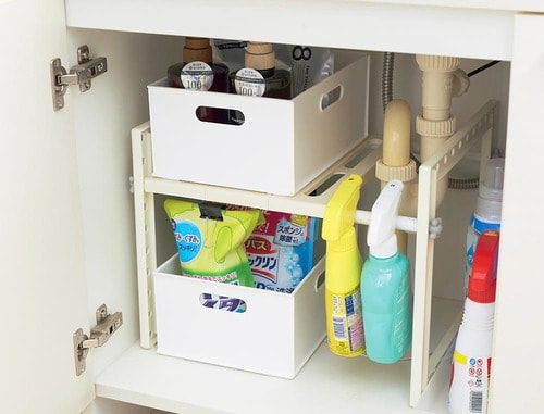 アイデア2:洗面台下収納は浅型ケースで見える化して管理 洗面所の収納アイデアおすすめ イメージ2