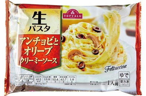 トップバリュ:生パスタ アンチョビとオリーブ  クリーミーソース:冷凍麺