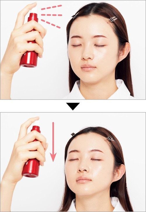 まんべんなくかけるには顔の角度を変えつつ縦に移動するべし！ メイクキープミストおすすめ イメージ
