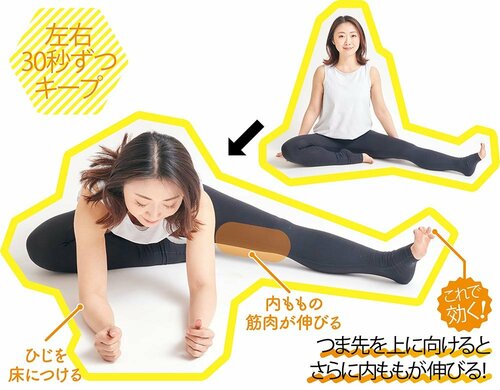 つま先を上に向けるとさらに内ももが伸びる! ズボラストレッチおすすめ イメージ