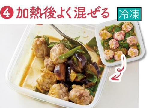 主菜:ナス・ピーマン入り豚こま団子のカレー風味
