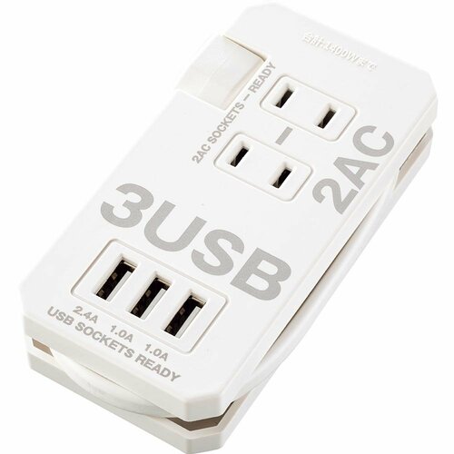 片手サイズだけどポート満載！ ３COINS「2口AC＋3口USBポート タップ0.2m」 イメージ